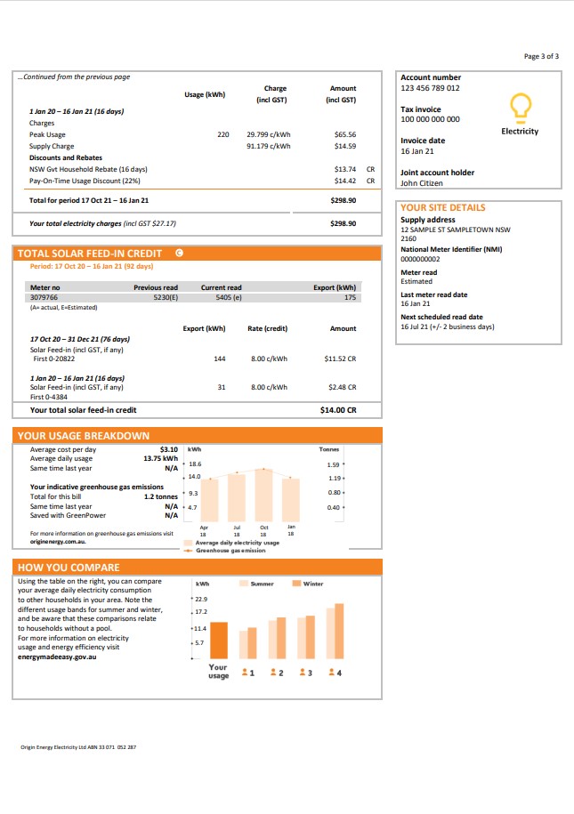 Australia New South Wales (NSW) Origin electricity utility bill template in Word and PDF format 3